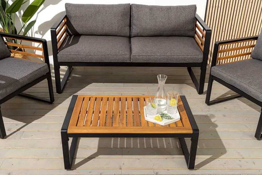 Riess-Ambiente Sitzgruppen > Outdoor Garten-Sitzgruppe PURE grau natur Akazie schwarz Metall inkl. Tisch Sitzpolster
