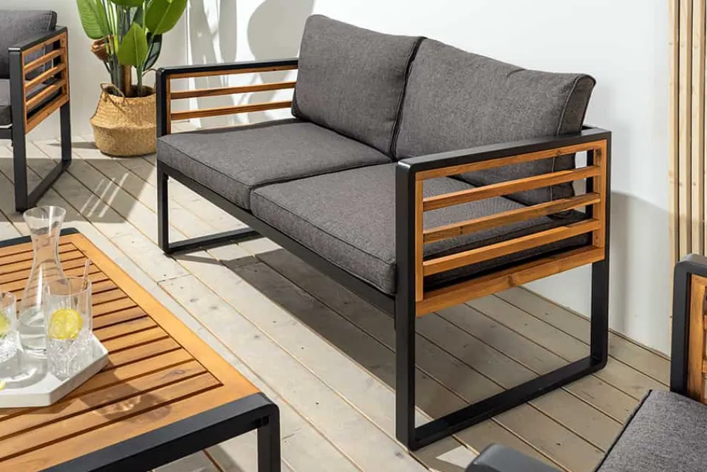Riess-Ambiente Sitzgruppen > Outdoor Garten-Sitzgruppe PURE grau natur Akazie schwarz Metall inkl. Tisch Sitzpolster