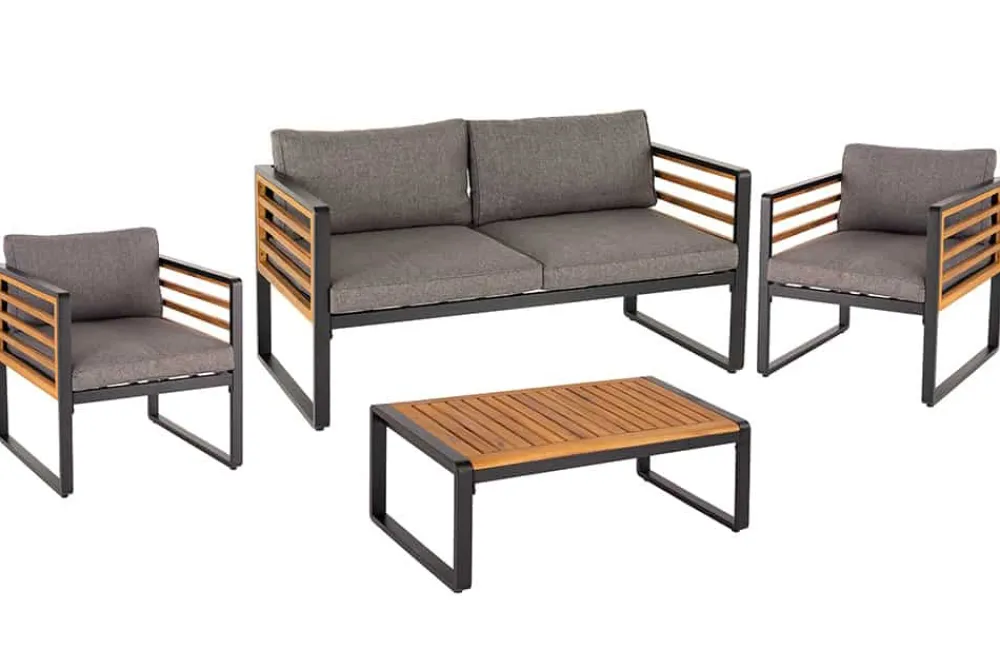 Riess-Ambiente Sitzgruppen > Outdoor Garten-Sitzgruppe PURE grau natur Akazie schwarz Metall inkl. Tisch Sitzpolster