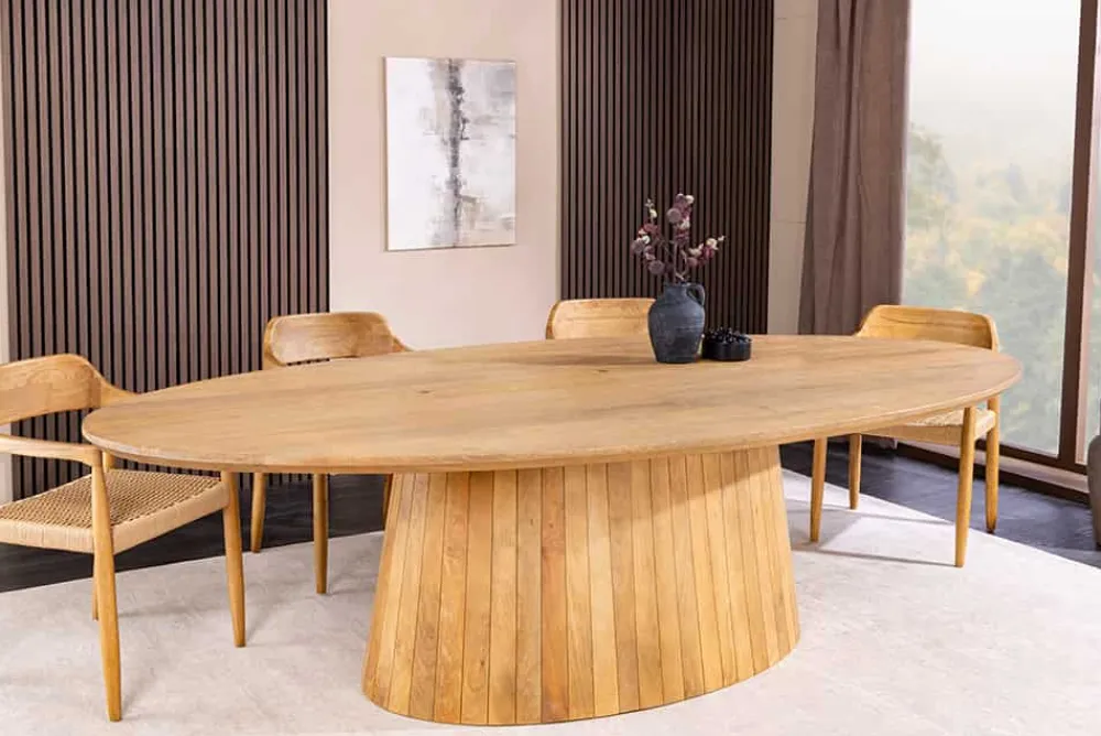 Riess-Ambiente Mehr...|Massivholzesstische > Ovaler Esstisch ART DECO 220cm beige massives Mangoholz cream finish mit Säulenfuß
