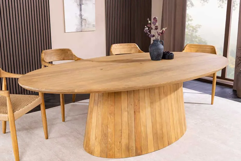 Riess-Ambiente Mehr...|Massivholzesstische > Ovaler Esstisch ART DECO 220cm beige massives Mangoholz cream finish mit Säulenfuß