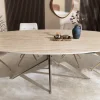 Riess-Ambiente Esstische > Ovaler Esstisch SCULPTURE 220cm natur Travertin Keramik champagner greige Metall