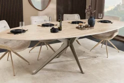 Riess-Ambiente Esstische > Ovaler Esstisch SCULPTURE 220cm natur Travertin Keramik champagner greige Metall