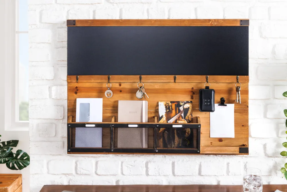 Riess-Ambiente Mehr...|Wandregale > Praktisches Wandboard HERITAGE 80cm natur Pinie 6 Haken Kreidetafel Schlüsselbrett