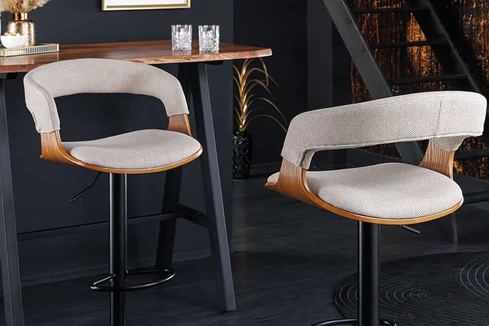Riess-Ambiente Retro Möbel|Barhocker > Retro Barhocker MANHATTAN beige Strukturstoff Eschenholz drehbar höhenverstellbar