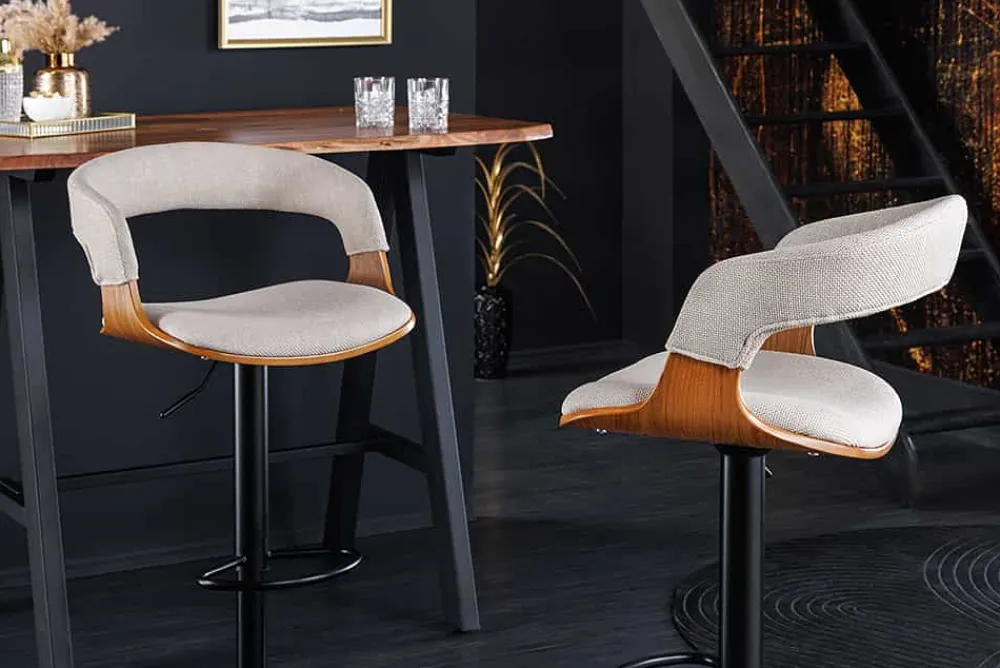 Riess-Ambiente Retro Möbel|Barhocker > Retro Barhocker MANHATTAN beige Strukturstoff Eschenholz drehbar höhenverstellbar