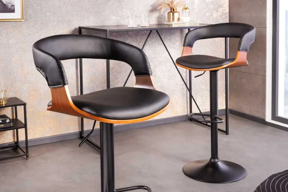 Riess-Ambiente Retro Möbel|Barhocker > Retro Barhocker MANHATTAN schwarz Kunstleder Walnussholz drehbar höhenverstellbar