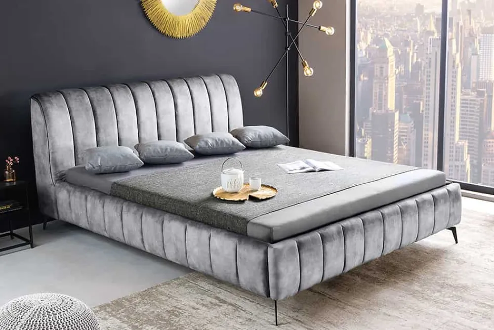 Riess-Ambiente Skandinavisch|Polsterbetten > Retro Bett AMSTERDAM 180x200cm grau Samt schwarz Metall Polsterbett