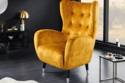 Riess-Ambiente Loungesessel|Sessel > Retro Design Sessel DON senfgelb Samt Federkern silberne Fußkappen