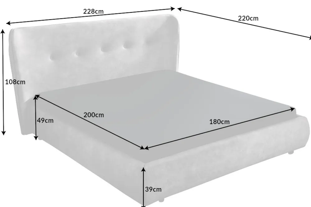 Riess-Ambiente Skandinavisch|Polsterbetten > Retro Doppelbett FLORENZ 180x200cm grau Samt Kingsize Polsterbett