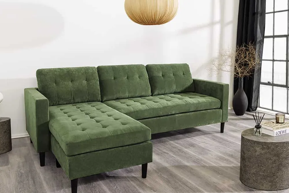 Riess-Ambiente Skandinavisch|Retro Möbel > Retro Ecksofa STOCKHOLM 220cm grün Cordstoff Federkern 3-Sitzer