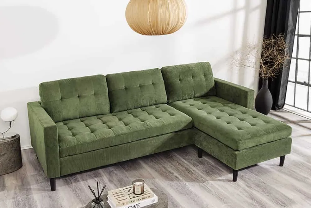 Riess-Ambiente Skandinavisch|Retro Möbel > Retro Ecksofa STOCKHOLM 220cm grün Cordstoff Federkern 3-Sitzer