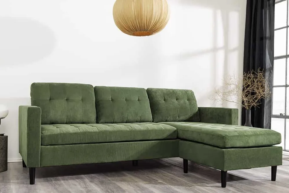 Riess-Ambiente Skandinavisch|Retro Möbel > Retro Ecksofa STOCKHOLM 220cm grün Cordstoff Federkern 3-Sitzer