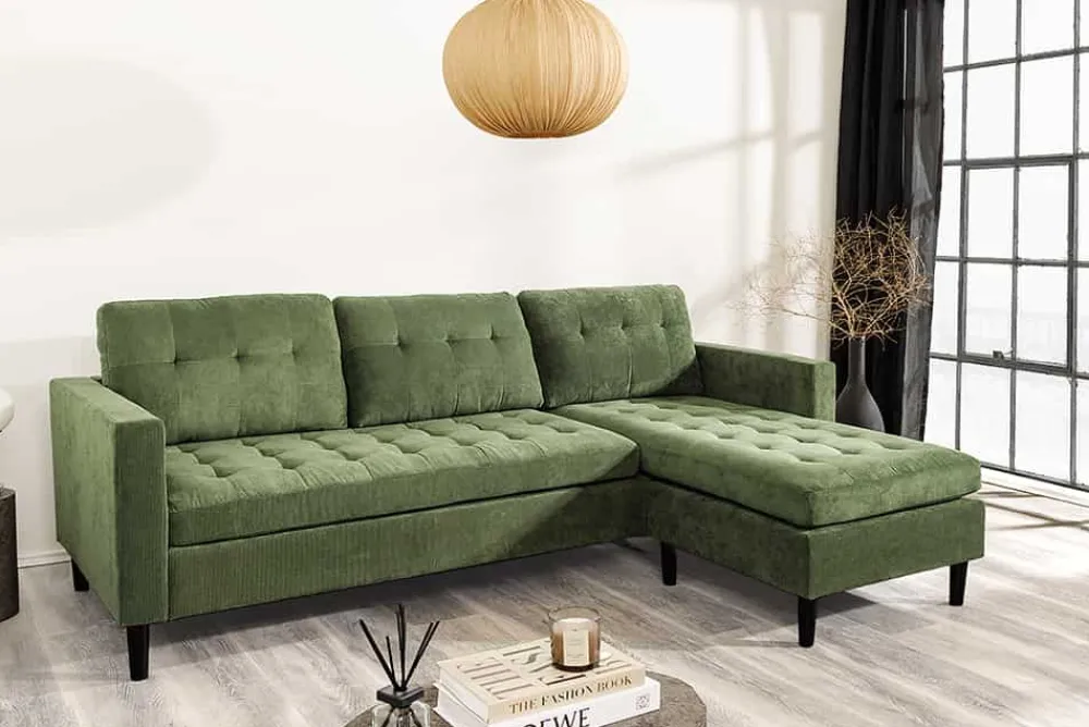 Riess-Ambiente Skandinavisch|Retro Möbel > Retro Ecksofa STOCKHOLM 220cm grün Cordstoff Federkern 3-Sitzer