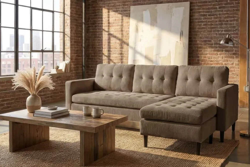 Riess-Ambiente Skandinavisch|Retro Möbel > Retro Ecksofa STOCKHOLM 220cm taupe Cord Federkern 3-Sitzer