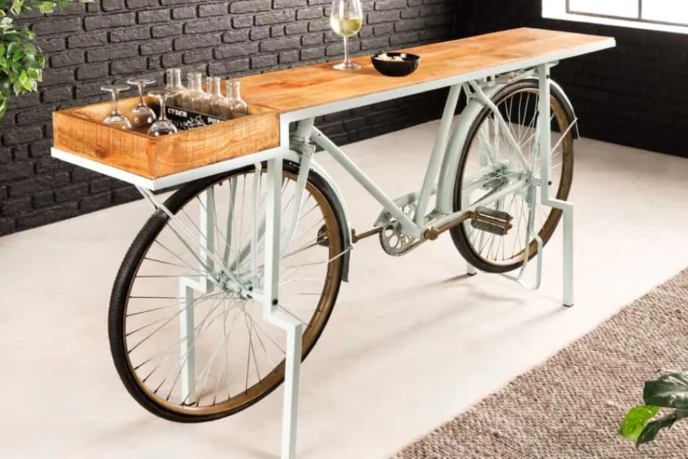 Riess-Ambiente Mehr...|Massivholztische > Retro Konsolentisch BICYCLE 190cm salbei natur Mangoholz Fahrrad Bartisch Upcycling