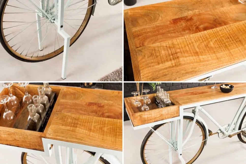 Riess-Ambiente Mehr...|Massivholztische > Retro Konsolentisch BICYCLE 190cm salbei natur Mangoholz Fahrrad Bartisch Upcycling