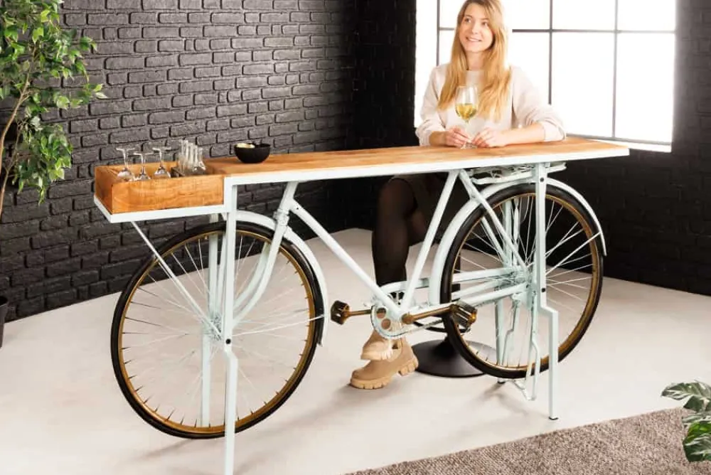Riess-Ambiente Mehr...|Massivholztische > Retro Konsolentisch BICYCLE 190cm salbei natur Mangoholz Fahrrad Bartisch Upcycling