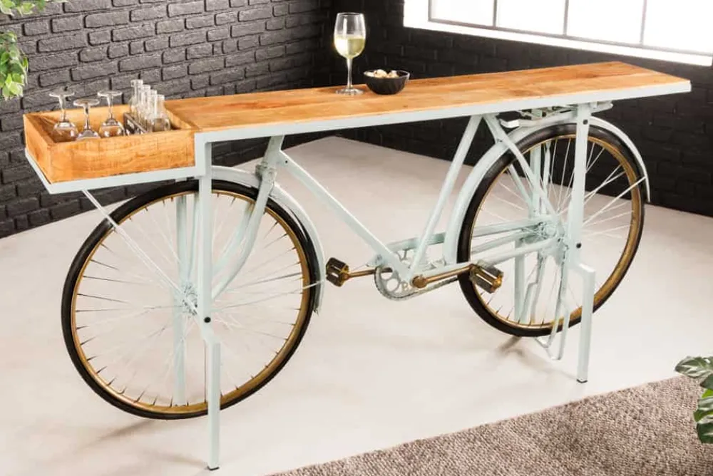 Riess-Ambiente Mehr...|Massivholztische > Retro Konsolentisch BICYCLE 190cm salbei natur Mangoholz Fahrrad Bartisch Upcycling