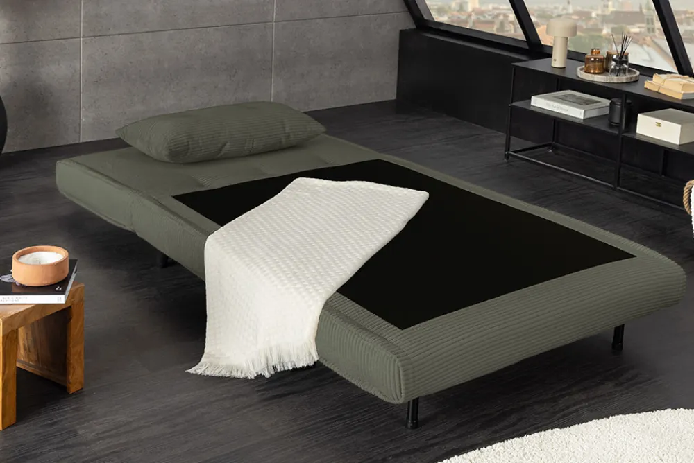Riess-Ambiente Sessel|Retro Möbel > Retro Schlafsessel SMART MULTIFUNCTION 100cm grün Cord Bettfunktion inkl. Kissen