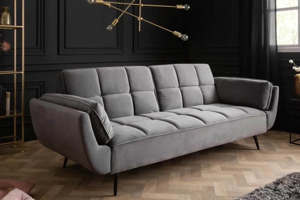 Riess-Ambiente Samt Möbel|Retro Möbel > Retro Schlafsofa BOUTIQUE 215cm grau Samt 3-Sitzer mit schwarzen Füßen