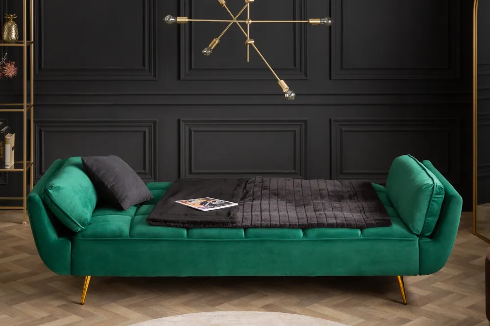 Riess-Ambiente Samt Möbel|Retro Möbel > Retro Schlafsofa BOUTIQUE 215cm smaragdgrün Samt 3-Sitzer mit goldenen Füßen