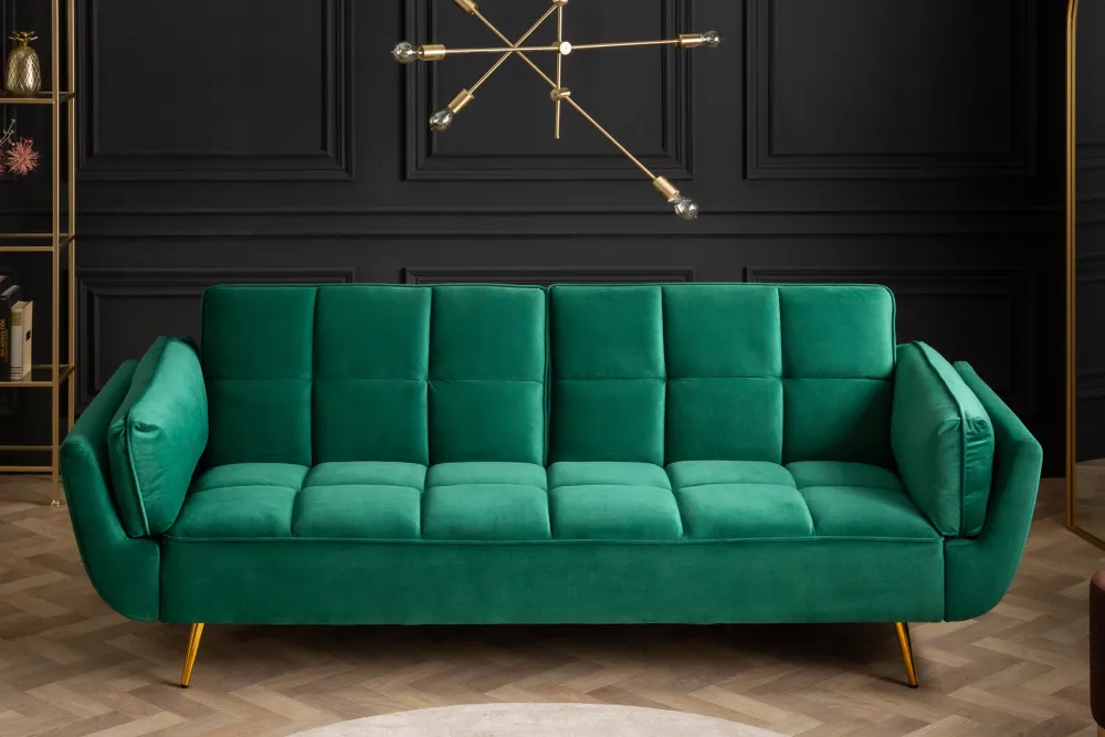 Riess-Ambiente Samt Möbel|Retro Möbel > Retro Schlafsofa BOUTIQUE 215cm smaragdgrün Samt 3-Sitzer mit goldenen Füßen