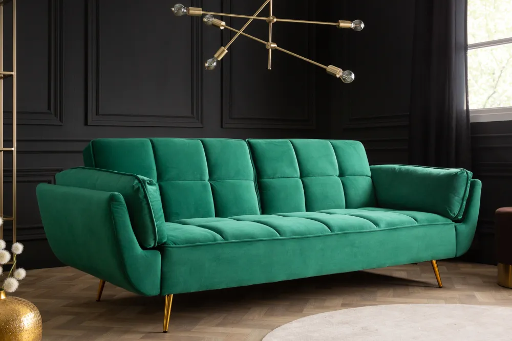 Riess-Ambiente Samt Möbel|Retro Möbel > Retro Schlafsofa BOUTIQUE 215cm smaragdgrün Samt 3-Sitzer mit goldenen Füßen