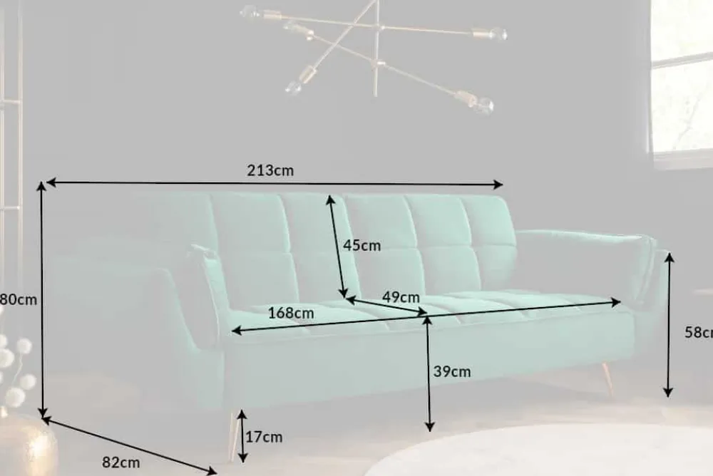 Riess-Ambiente Samt Möbel|Retro Möbel > Retro Schlafsofa BOUTIQUE 215cm smaragdgrün Samt 3-Sitzer mit goldenen Füßen