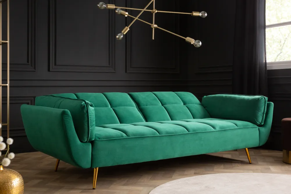 Riess-Ambiente Samt Möbel|Retro Möbel > Retro Schlafsofa BOUTIQUE 215cm smaragdgrün Samt 3-Sitzer mit goldenen Füßen