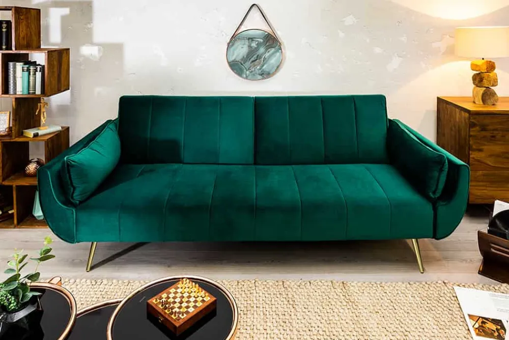 Riess-Ambiente Samt Möbel|Retro Möbel > Retro Schlafsofa DIVANI 220cm smaragdgrün Samt goldene Metallfüße 3-Sitzer mit Bettfunktion