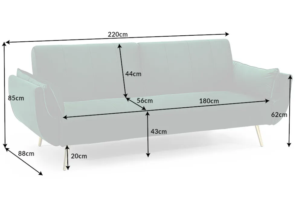 Riess-Ambiente Samt Möbel|Retro Möbel > Retro Schlafsofa DIVANI 220cm smaragdgrün Samt goldene Metallfüße 3-Sitzer mit Bettfunktion