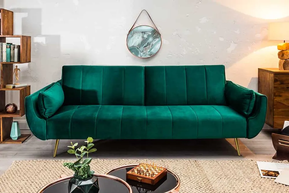 Riess-Ambiente Samt Möbel|Retro Möbel > Retro Schlafsofa DIVANI 220cm smaragdgrün Samt goldene Metallfüße 3-Sitzer mit Bettfunktion
