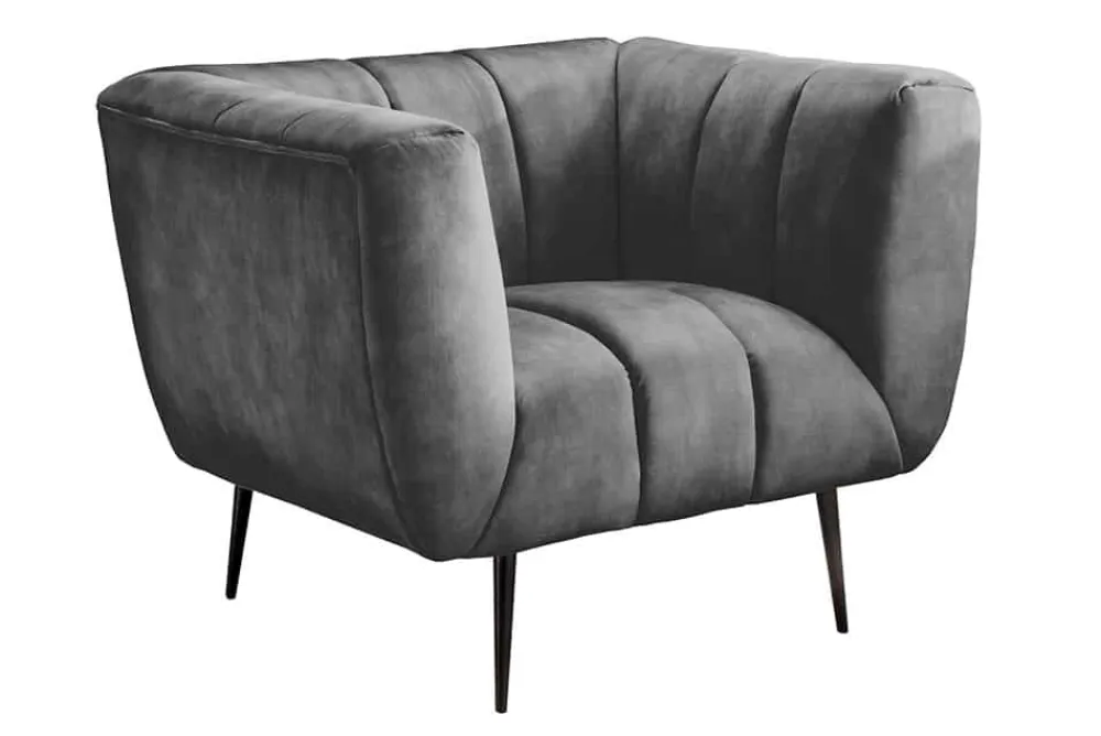 Riess-Ambiente Sessel|Retro Möbel > Retro Sessel NOBLESSE 105cm grau Samt schwarze Metallfüße Federkern Ziersteppung
