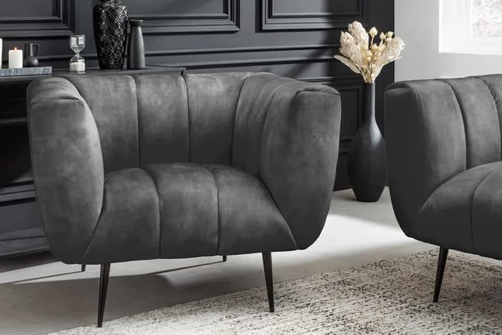 Riess-Ambiente Sessel|Retro Möbel > Retro Sessel NOBLESSE 105cm grau Samt schwarze Metallfüße Federkern Ziersteppung