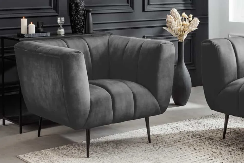 Riess-Ambiente Sessel|Retro Möbel > Retro Sessel NOBLESSE 105cm grau Samt schwarze Metallfüße Federkern Ziersteppung