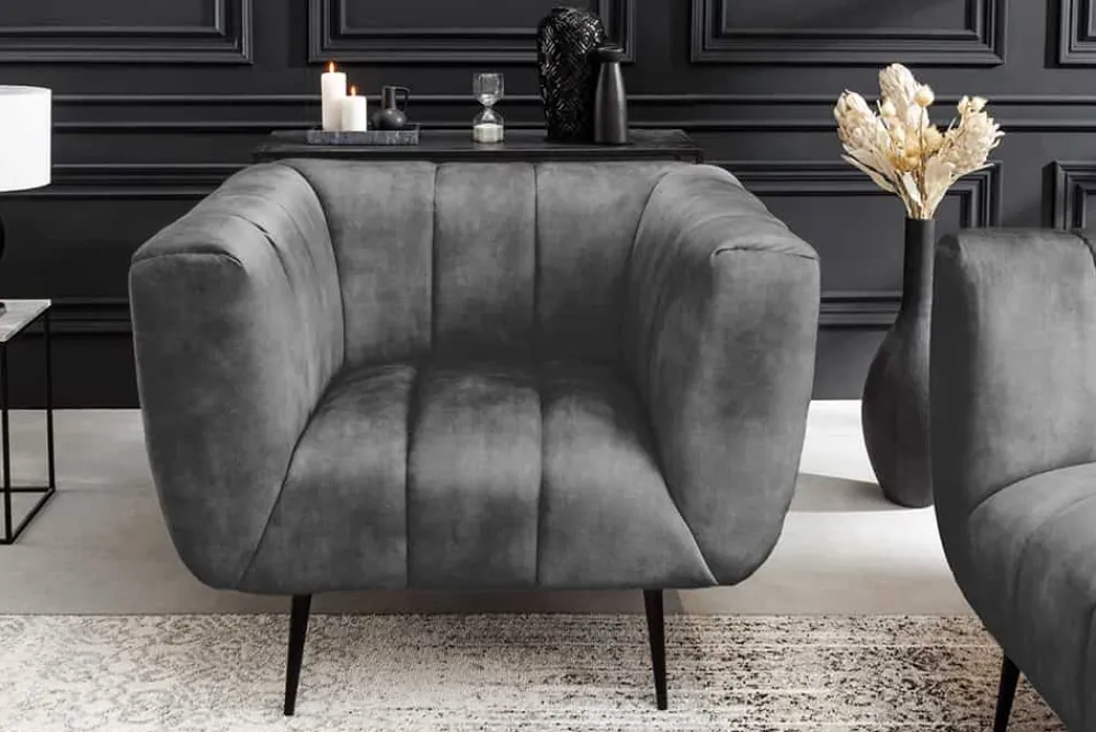 Riess-Ambiente Sessel|Retro Möbel > Retro Sessel NOBLESSE 105cm grau Samt schwarze Metallfüße Federkern Ziersteppung