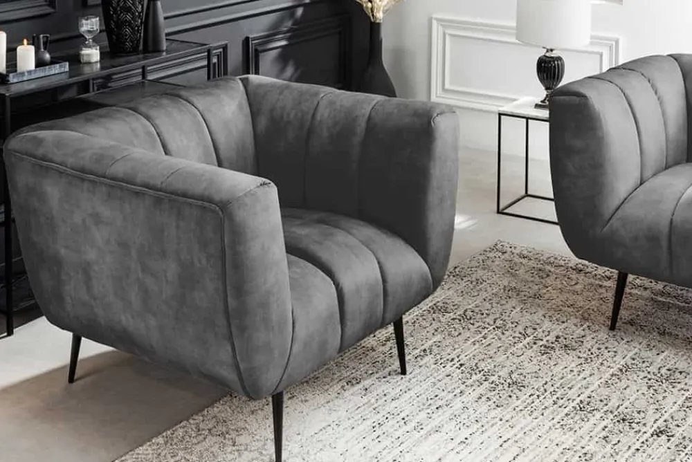 Riess-Ambiente Sessel|Retro Möbel > Retro Sessel NOBLESSE 105cm grau Samt schwarze Metallfüße Federkern Ziersteppung