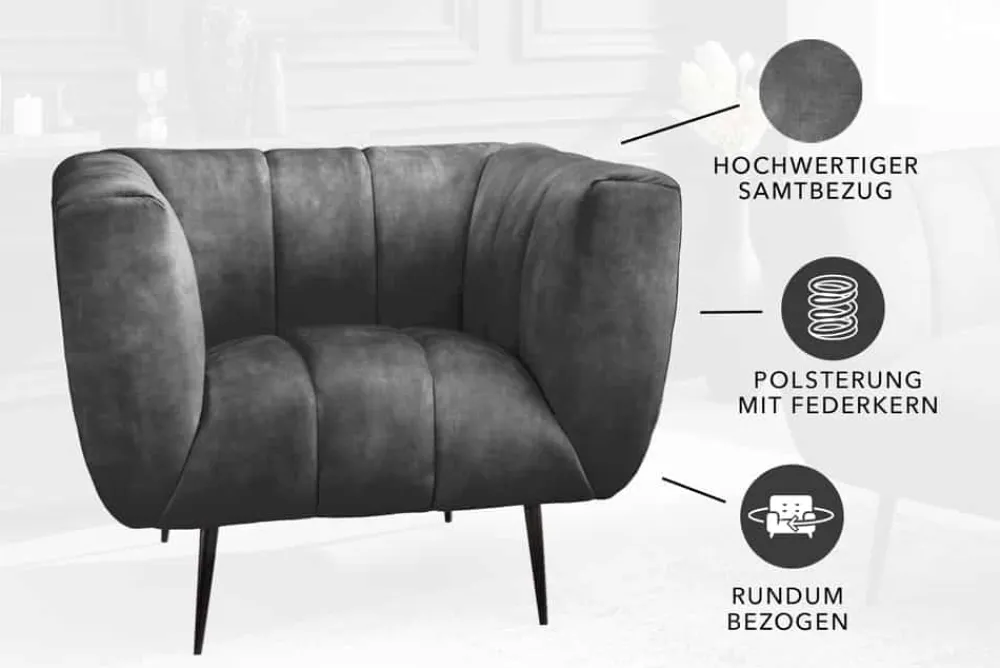 Riess-Ambiente Sessel|Retro Möbel > Retro Sessel NOBLESSE 105cm grau Samt schwarze Metallfüße Federkern Ziersteppung