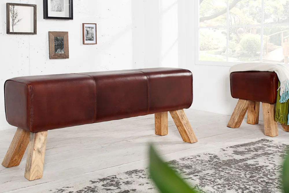 Riess-Ambiente Sitzbänke|Retro Möbel > Retro Sitzbank TURNBOCK 120cm mit Echtleder Bezug Mangoholz Bank
