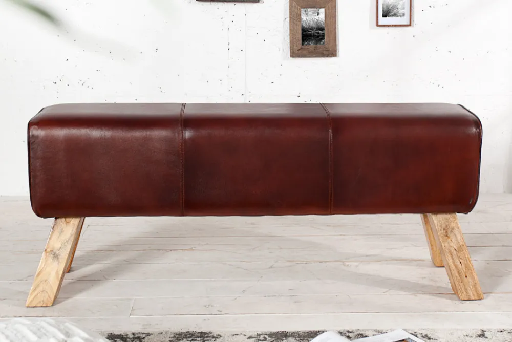 Riess-Ambiente Sitzbänke|Retro Möbel > Retro Sitzbank TURNBOCK 120cm mit Echtleder Bezug Mangoholz Bank