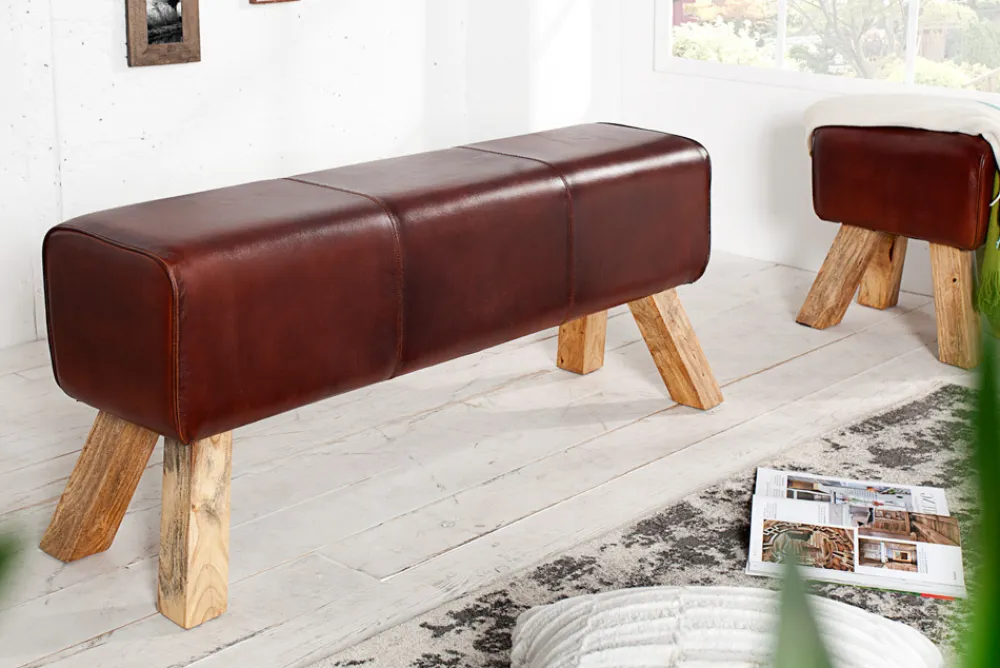 Riess-Ambiente Sitzbänke|Retro Möbel > Retro Sitzbank TURNBOCK 120cm mit Echtleder Bezug Mangoholz Bank