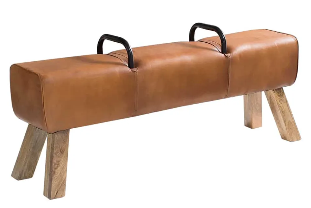 Riess-Ambiente Sitzbänke|Retro Möbel > Retro Sitzbank TURNBOCK 134cm mit Echtleder Bezug Mangoholz Bank