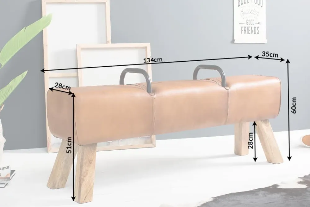 Riess-Ambiente Sitzbänke|Retro Möbel > Retro Sitzbank TURNBOCK 134cm mit Echtleder Bezug Mangoholz Bank
