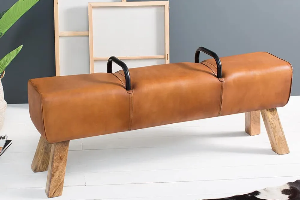 Riess-Ambiente Sitzbänke|Retro Möbel > Retro Sitzbank TURNBOCK 134cm mit Echtleder Bezug Mangoholz Bank
