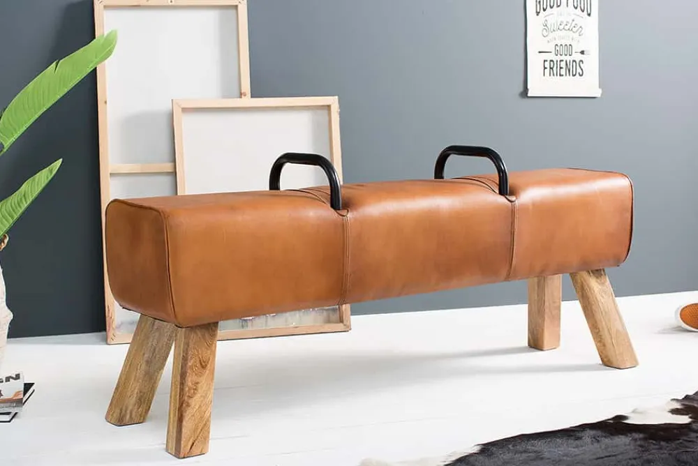 Riess-Ambiente Sitzbänke|Retro Möbel > Retro Sitzbank TURNBOCK 134cm mit Echtleder Bezug Mangoholz Bank