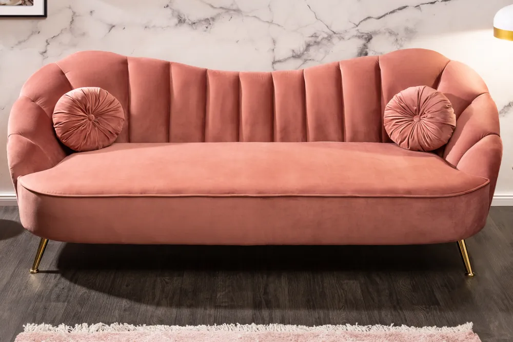 Riess-Ambiente Samt Möbel|Retro Möbel > Retro 3-Sitzer Sofa ARIELLE 220cm altrosa Samt goldene Metallfüße Ziersteppung