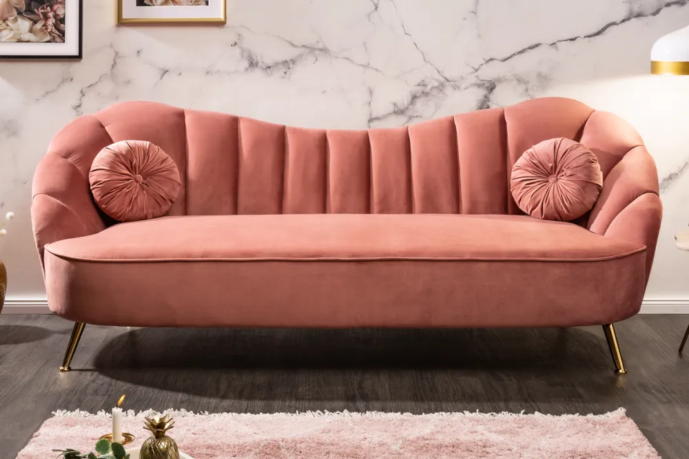 Riess-Ambiente Samt Möbel|Retro Möbel > Retro 3-Sitzer Sofa ARIELLE 220cm altrosa Samt goldene Metallfüße Ziersteppung