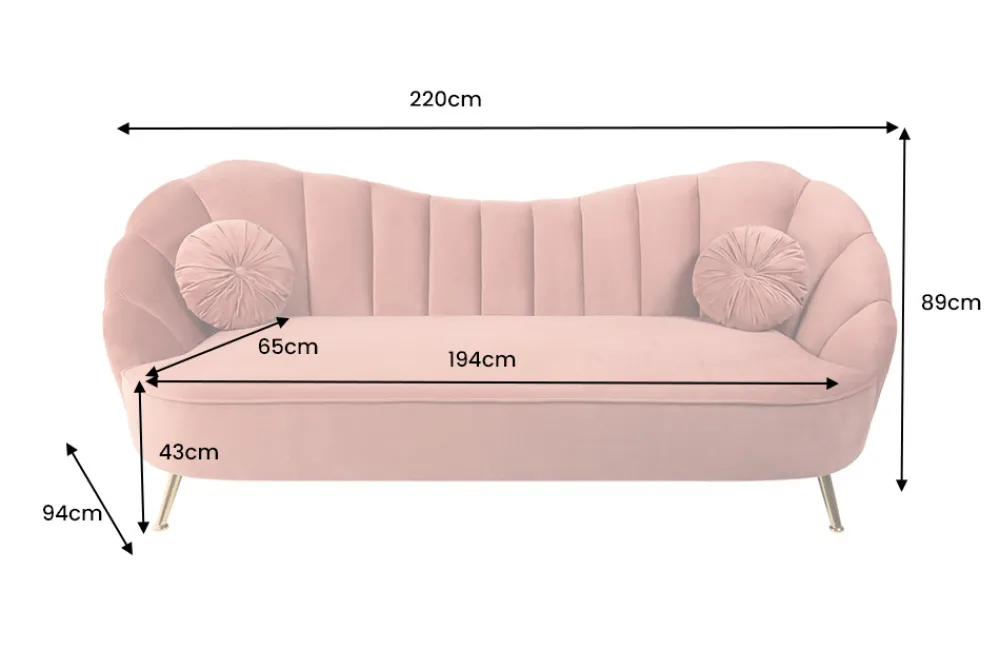 Riess-Ambiente Samt Möbel|Retro Möbel > Retro 3-Sitzer Sofa ARIELLE 220cm altrosa Samt goldene Metallfüße Ziersteppung