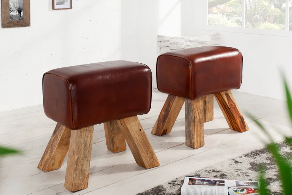 Riess-Ambiente Sitzhocker|Retro Möbel > Retro Sitzhocker TURNBOCK 40cm mit Echtleder Bezug Mangoholz Hocker